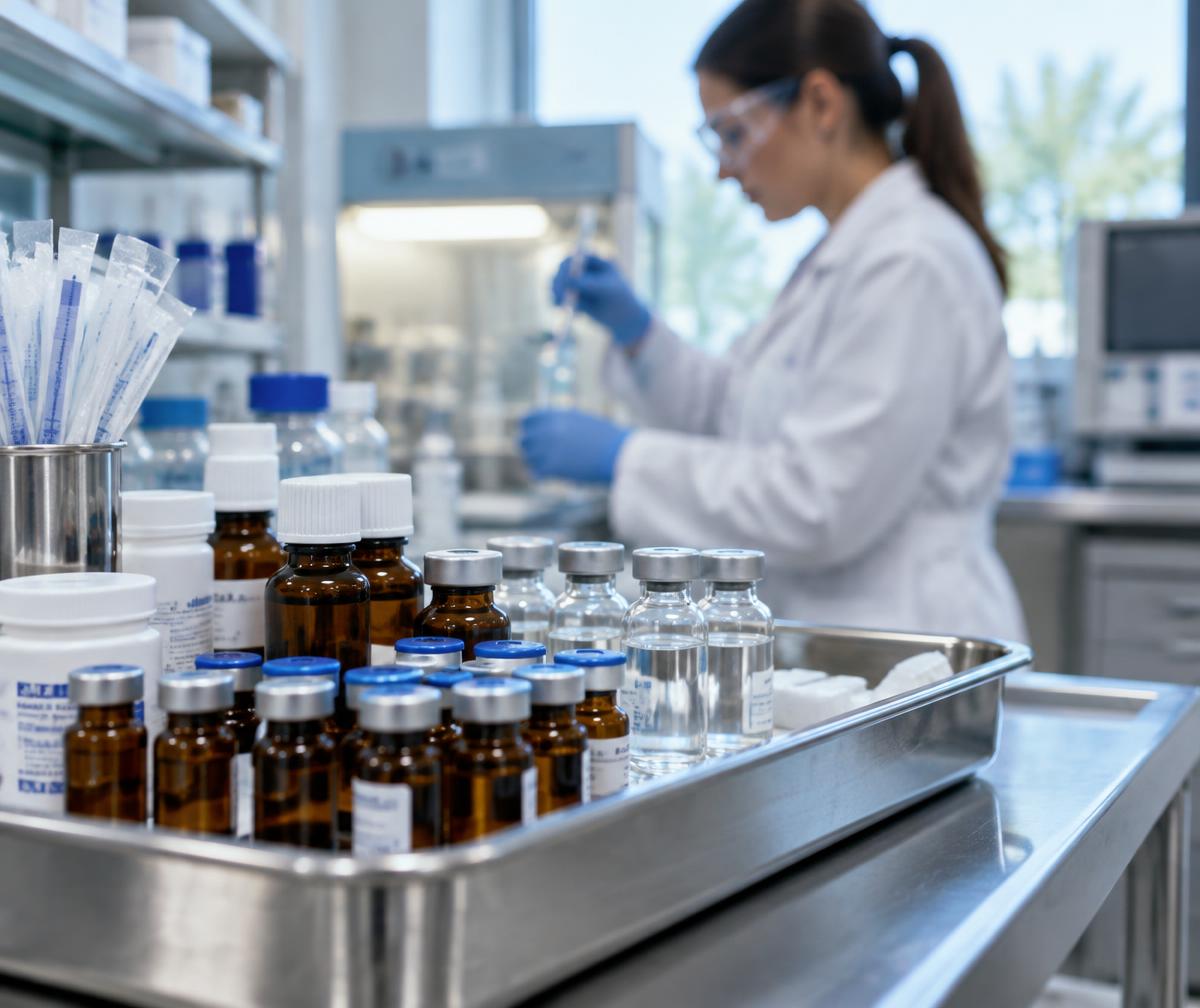 Pharmaceutical professional working with organized medication vials in a compounding facility